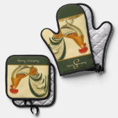 Aangepaste Groene Boerderij  Haan monogram Ovenwant & Pannenlap Set (Voorkant / Achterkant)