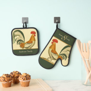 Aangepaste Groene Boerderij Haan monogram Ovenwant & Pannenlap Set