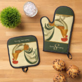 Aangepaste Groene Boerderij Haan monogram Ovenwant & Pannenlap Set (Top down)