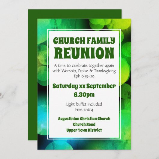 Aangepaste groene bokeh KERKGEZINSREÜNIE Kaart (Voorkant / Achterkant)