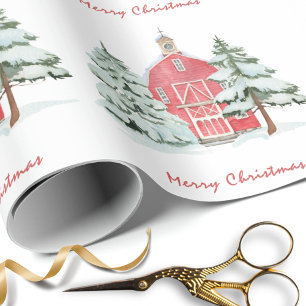Aangepaste Groene Bos Rode Schuur Pine Kerstboom Cadeaupapier
