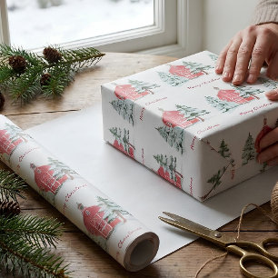 Aangepaste Groene Bos Rode Schuur Pine Kerstboom Cadeaupapier
