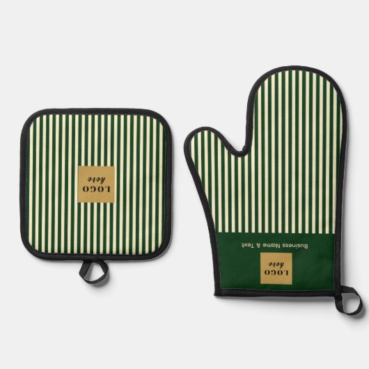 Aangepaste Groene & Cream Stripe Ovenwant & Pannenlap Set (Voorkant)