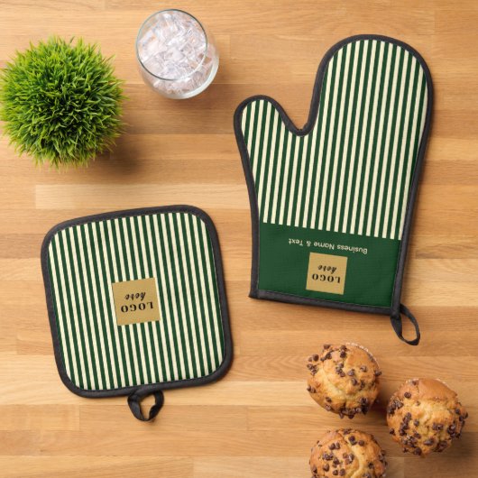 Aangepaste Groene & Cream Stripe Ovenwant & Pannenlap Set (Top down)