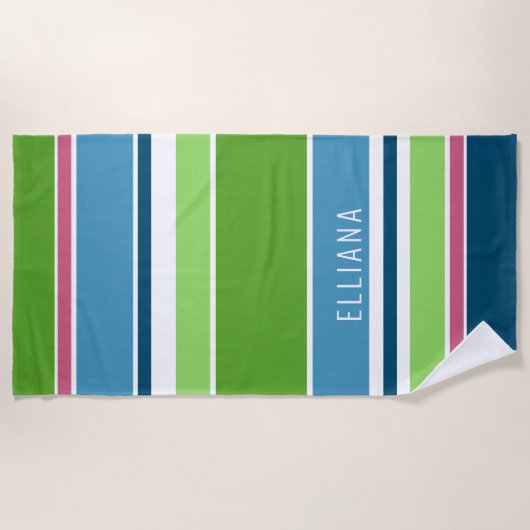 Aangepaste groene, donkerblauwe, roze witte strepe strandlaken (Voorkant)