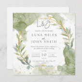 Aangepaste groene en gouden huwelijksuitnodigingen kaart (Voorkant / Achterkant)