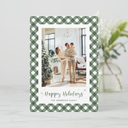 Aangepaste groene en witte speldenfotofeestkaarten feestdagenkaart (Staand voorkant)