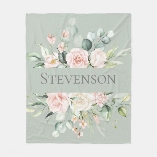 Aangepaste groene Floral roze Blush-Waterverf Fleece Deken (Voorkant)
