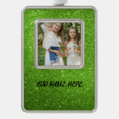 Aangepaste groene foto- en tekstglitter verzilverd omlijst ornament (Voorkant)