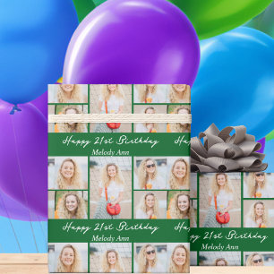 Aangepaste groene gelukkige verjaardag fotocollage cadeaupapier