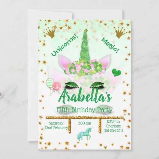 Aangepaste groene glitter Unicorn Birthday Kaart (Voorkant)