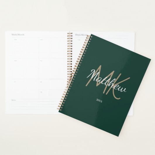 Aangepaste Groene Monogram Initiaal Naam Minimalis Planner (Display)
