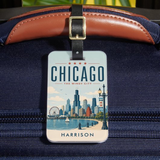 Aangepaste groene nostalgische USA Chicago Illinoi Bagagelabel (Voorkant Insitu 2)