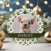 Aangepaste Groene Pet Paw Print 2 Foto Keramisch Ornament