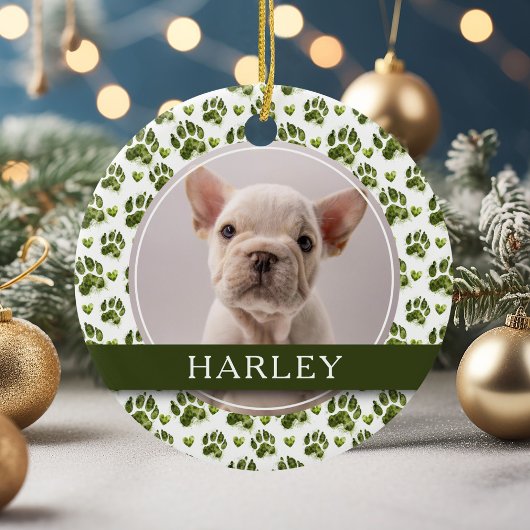 Aangepaste Groene Pet Paw Print 2 Foto Keramisch Ornament