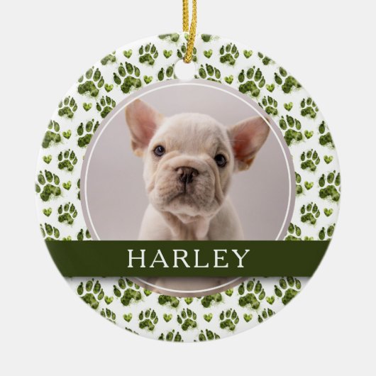 Aangepaste Groene Pet Paw Print 2 Foto Keramisch Ornament (Voorkant)