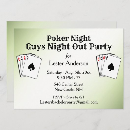 Aangepaste groene pokeravond uitnodiging voor fees (Voorkant / Achterkant)