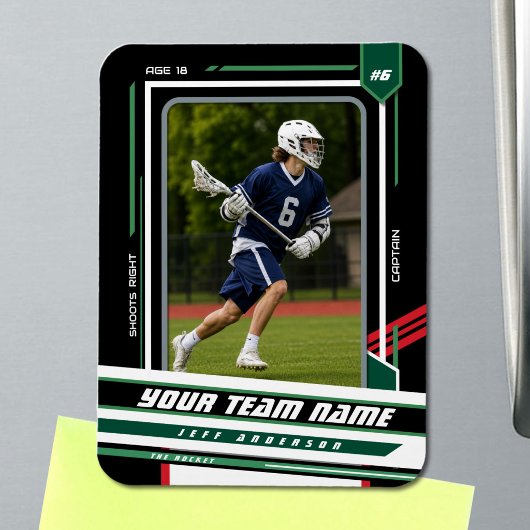 Aangepaste groene & rode lacrosse-spelerfoto magneet