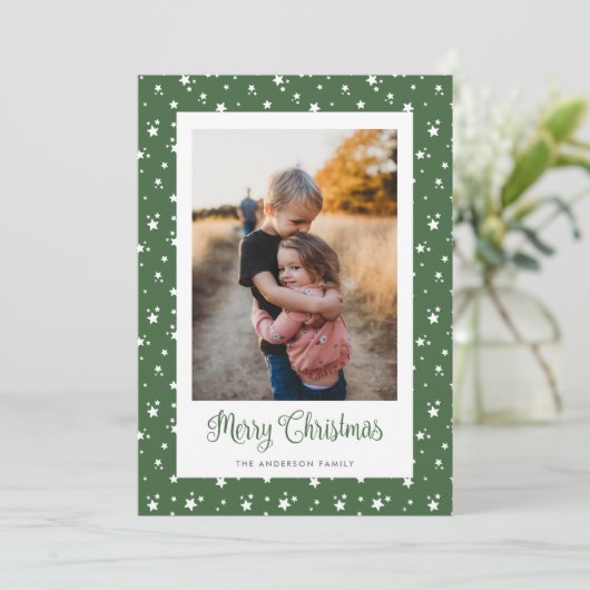 Aangepaste groene sterren Foto Merry-kerstkaarten Feestdagenkaart (Staand voorkant)