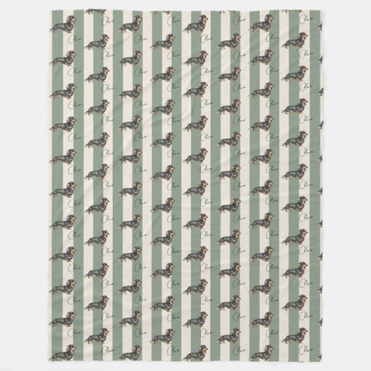 Aangepaste Groene Streep Teckel Huisdier Naam Fleece Deken (Voorkant)