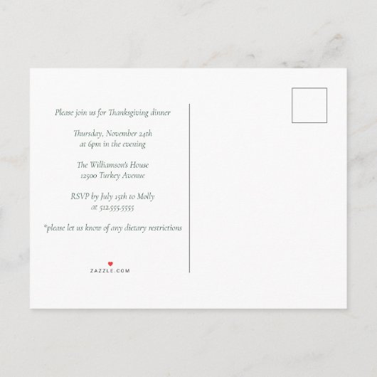 Aangepaste Groene Thanksgiving Dinner Party Pompoe Uitnodiging Briefkaart (Achterkant)