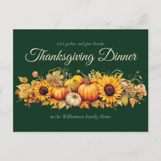 Aangepaste Groene Thanksgiving Dinner Party Pompoe Uitnodiging Briefkaart (Voorkant)