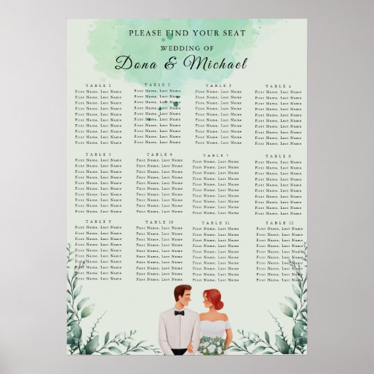 Aangepaste groene waterverf bruiloft zitplaatsenka poster (Voorkant)
