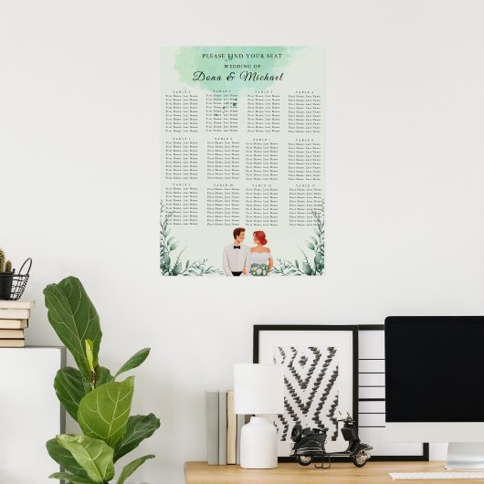 Aangepaste groene waterverf bruiloft zitplaatsenka poster (Thuiskantoor)