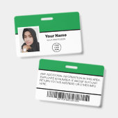 Aangepaste groene werknemersfoto-barcode-logo-naam badge (Voor- en achterkant)