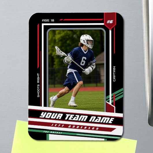 Aangepaste groene & zwarte lacrosse-spelerfoto magneet