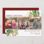 Aangepaste groet 3 Foto Merry Kerstmis Holly Feestdagenkaart (Voorkant / Achterkant)