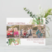 Aangepaste groet 3 Foto Merry Kerstmis Holly Feestdagenkaart (Staand voorkant)