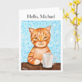 Aangepaste Groet Grappig Sinaasappel Tabby Kat met Kaart (Gele Bloem)