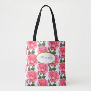 Aangepaste grote roze rozen bloemen kunst tote bag