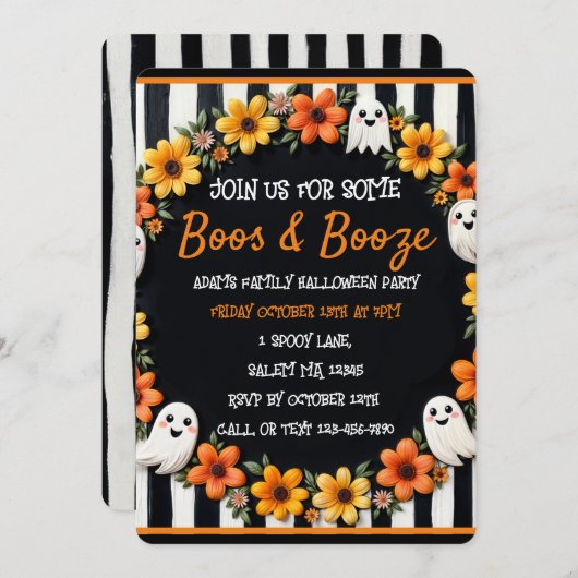 Aangepaste Halloween 'Boos & Booze' Ghost & Floral Kaart (Voorkant / Achterkant)