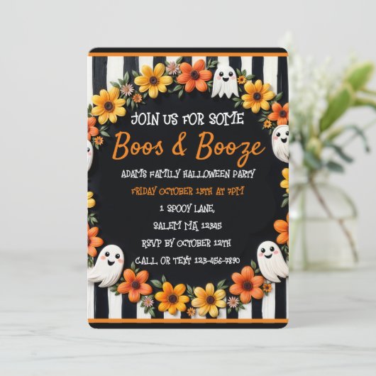 Aangepaste Halloween 'Boos & Booze' Ghost & Floral Kaart (Staand voorkant)