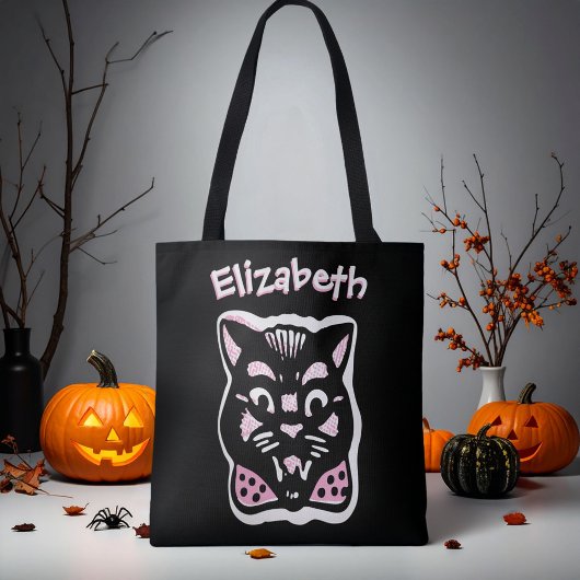 Aangepaste Halloween Cat Dark n Roze Trick or trea Tote Bag
