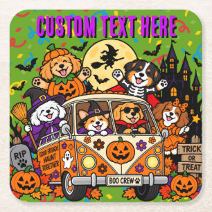 Aangepaste Halloween-honden Spoky Van en Kasteel Kartonnen Onderzetters