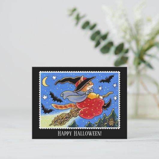 Aangepaste Halloween Kat Heks Broomstick Briefkaart (Staand voorkant)