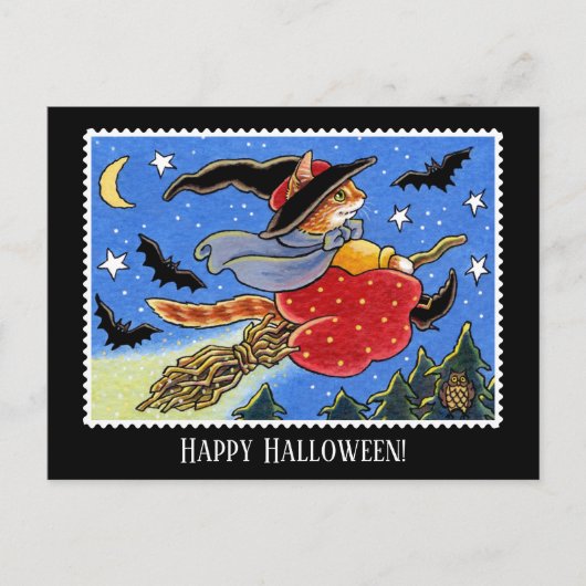 Aangepaste Halloween Kat Heks Broomstick Briefkaart (Voorkant)