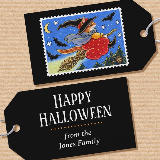 Aangepaste Halloween Kat Heks Broomstick Cadeaulabel