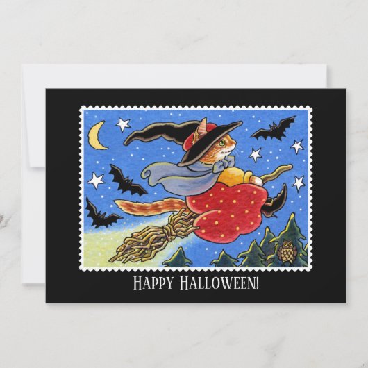 Aangepaste Halloween Kat Heks Broomstick Flat Kaart (Voorkant)