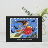 Aangepaste Halloween Kat Heks Broomstick Flat Kaart (Staand voorkant)