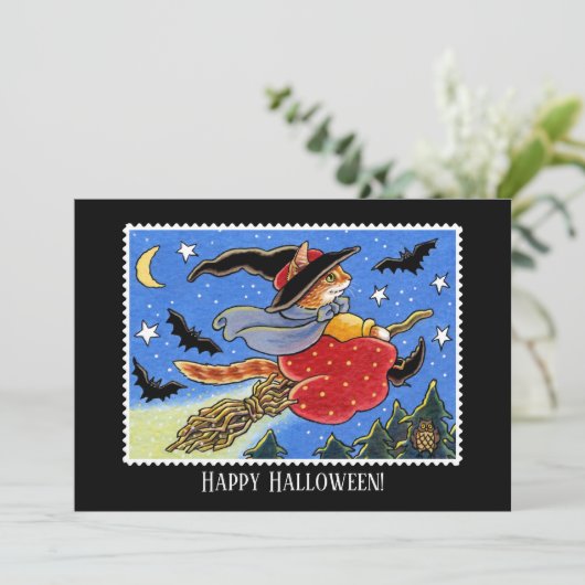 Aangepaste Halloween Kat Heks Broomstick Flat Kaart (Staand voorkant)