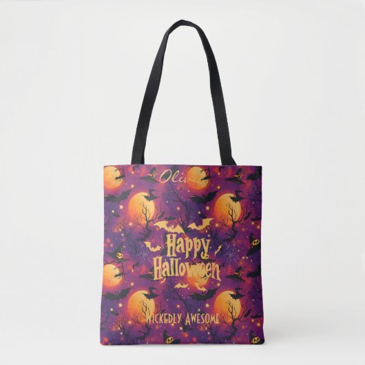 Aangepaste Halloween met heksen, vleermuizen en vo Tote Bag (Voorkant)