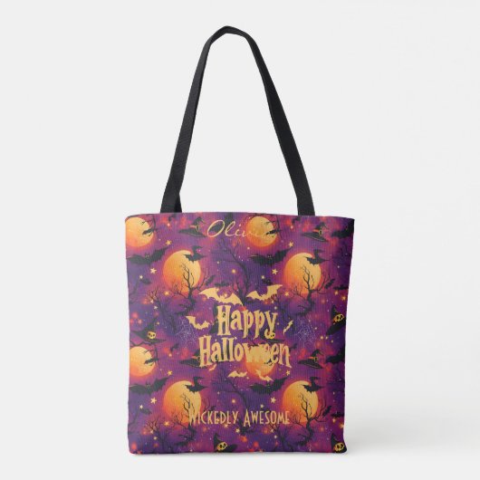 Aangepaste Halloween met heksen, vleermuizen en vo Tote Bag (Achterkant)