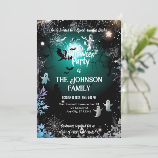 Aangepaste Halloween Party Spooky Ghosts & Blauwgr Kaart (Staand voorkant)
