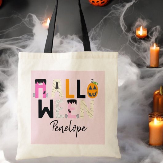 Aangepaste Halloween Trick or treat Roze Mummy Pom Tote Bag