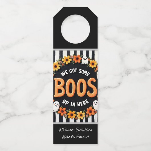 Aangepaste Halloween Wine Label, hier voor de Boos Flessenhanger (Voorkant)