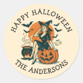 Aangepaste Halloween Witch op Pumpkin Bats Ronde Sticker (Voorkant)